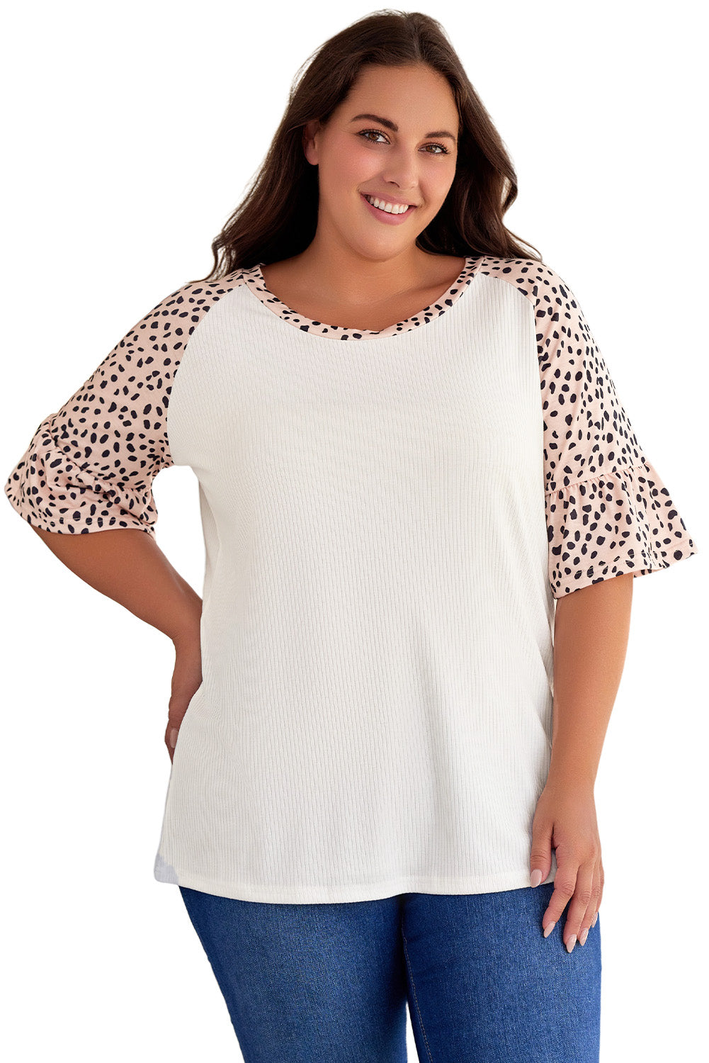Leopard Splice Ruffle Half Sleeve Plus Size T Shirt