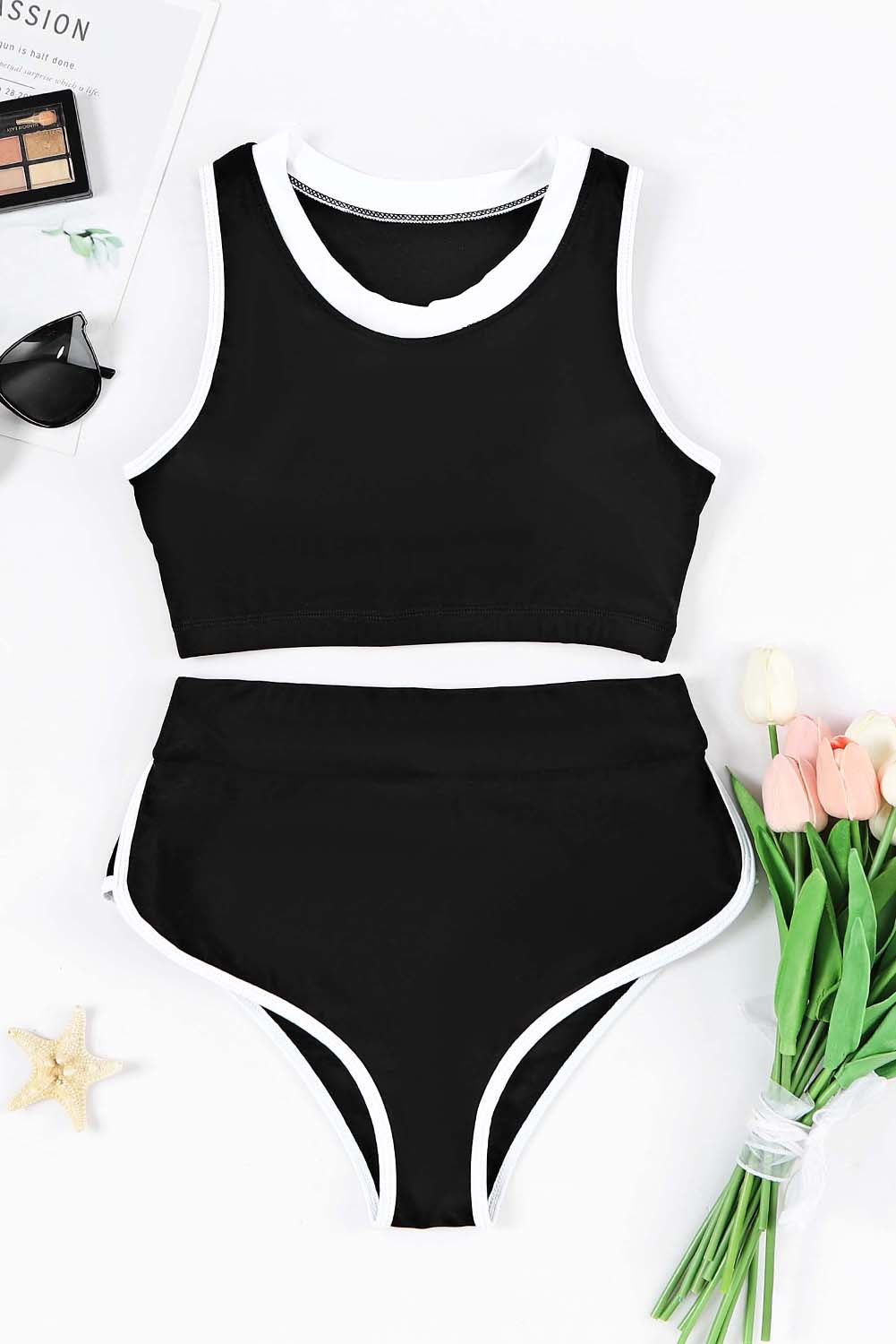 Rose 2pcs Contrast Trim Active Bikini Swimsuit