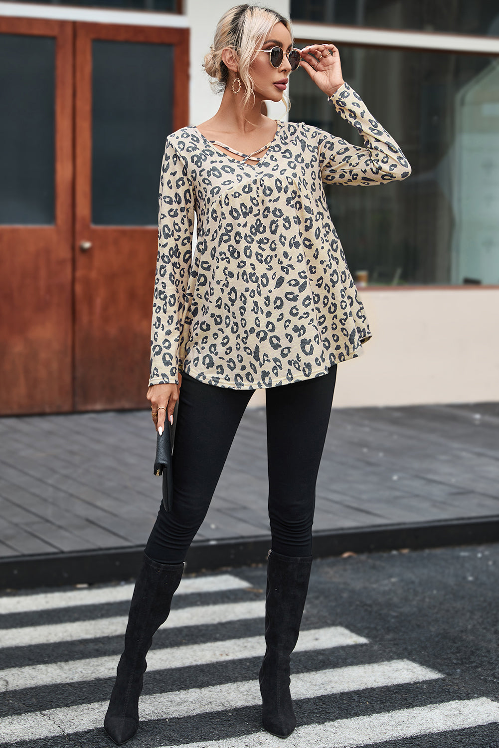 Leopard Animal Print Crisscross Neck Flowy Top