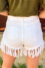 Beige Tassel Sequin Distressed High Waist Denim Shorts