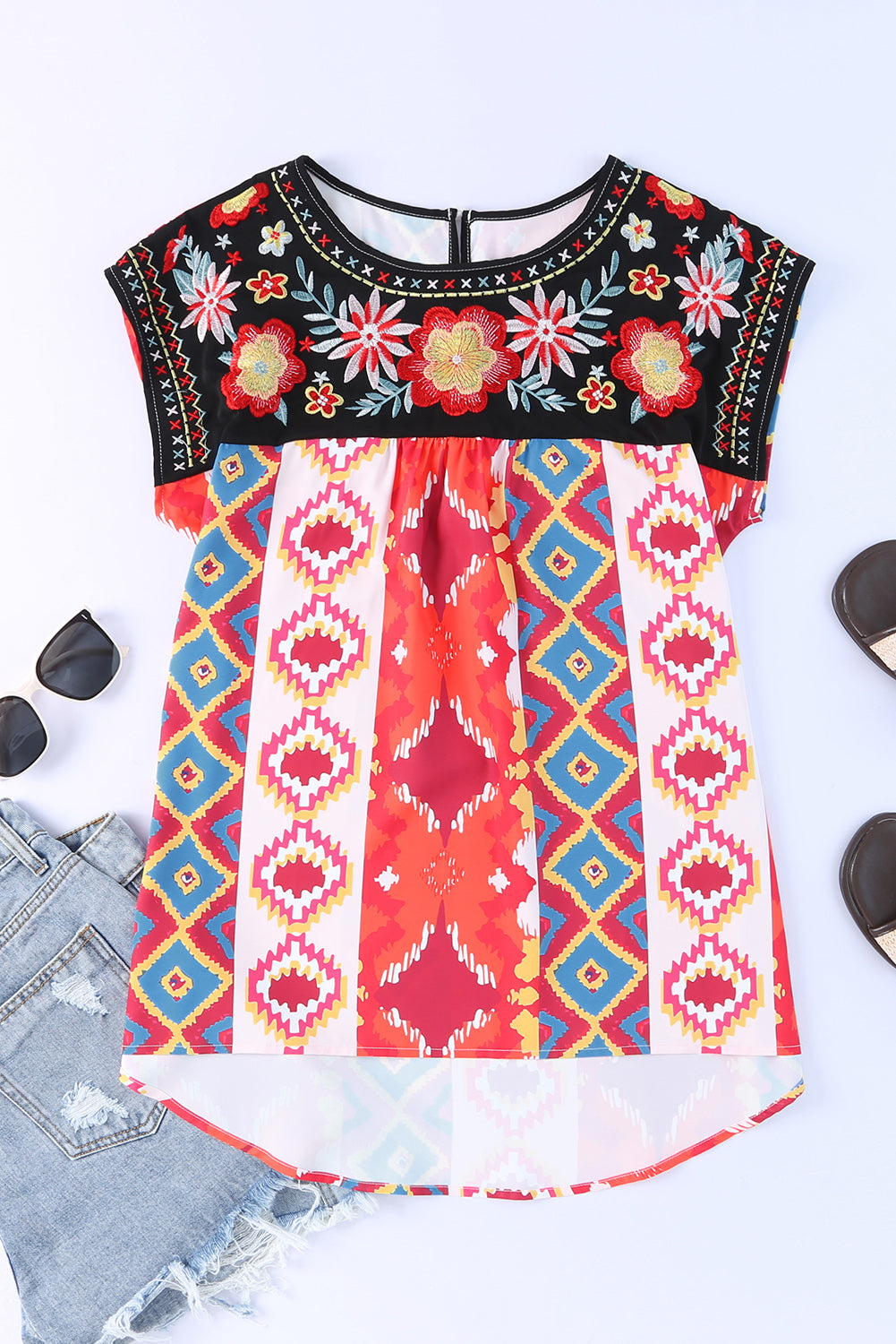 Multicolor Floral Aztec Geometric Cap Sleeve Top