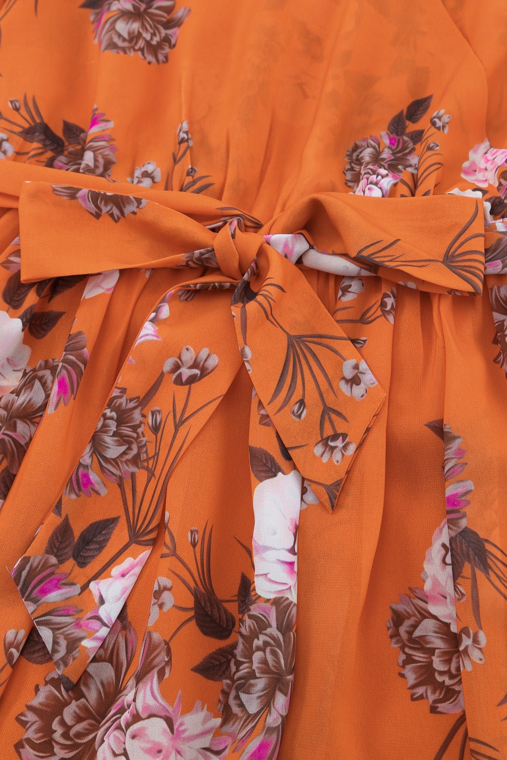 Orange Orange Floral Print Lace-up Ruffled V Neck Maxi Dress with A Slit