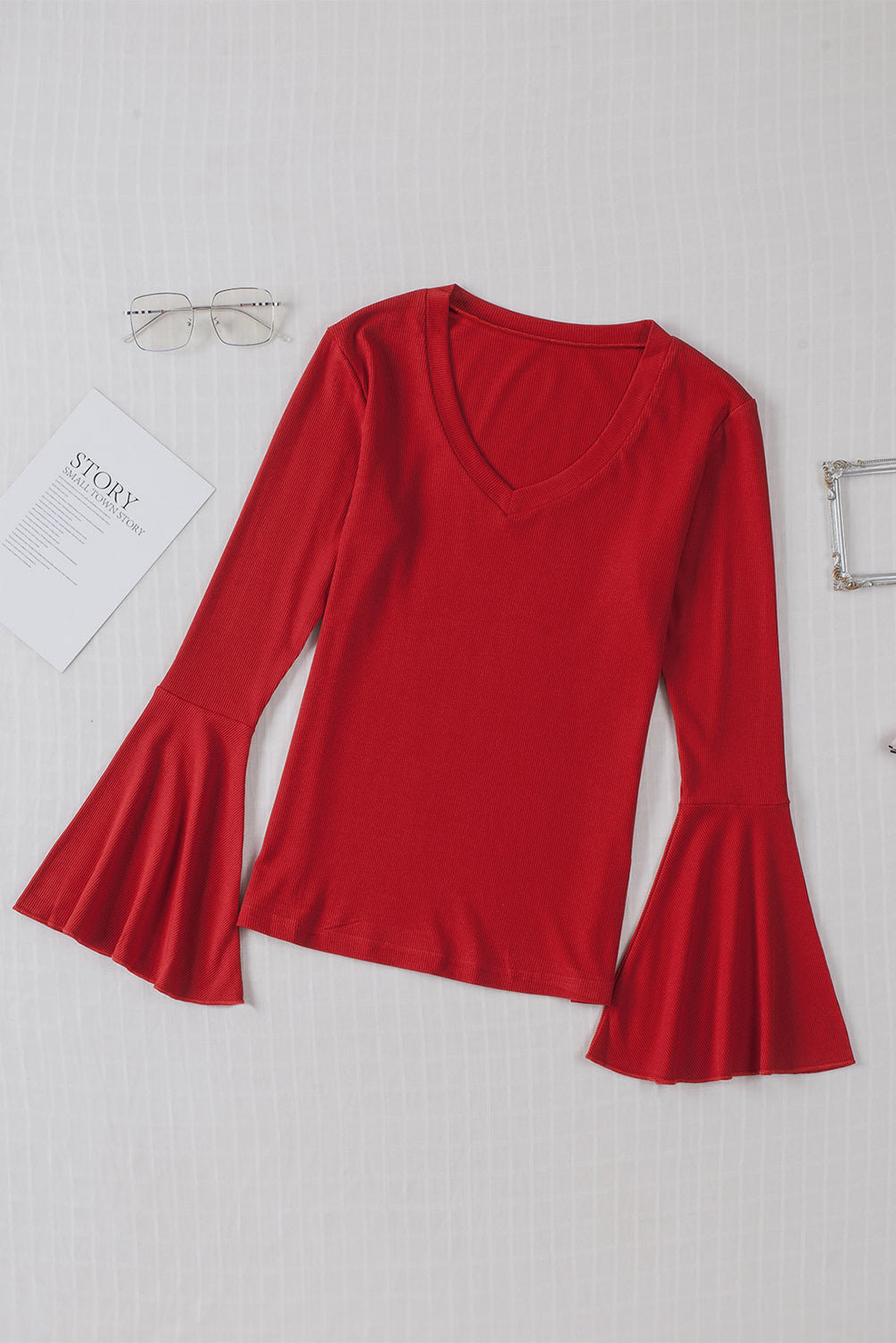 Red V Neck Knit Bell Sleeve Top