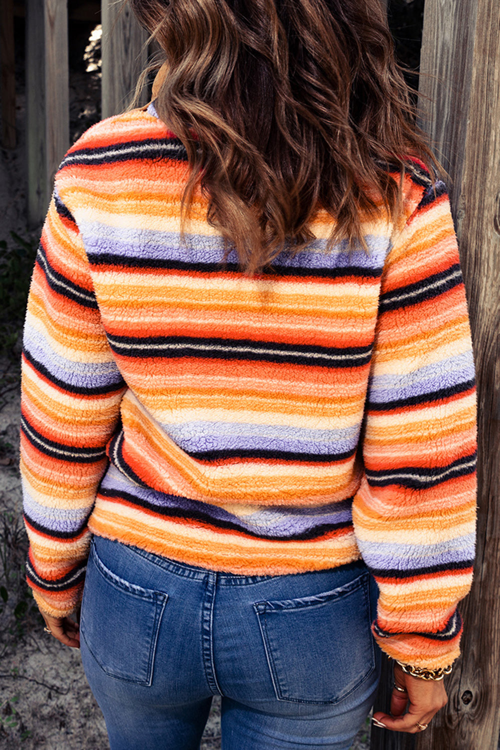 Multicolor Striped Kangaroo Pocket Buttoned Sherpa Sweatshirt