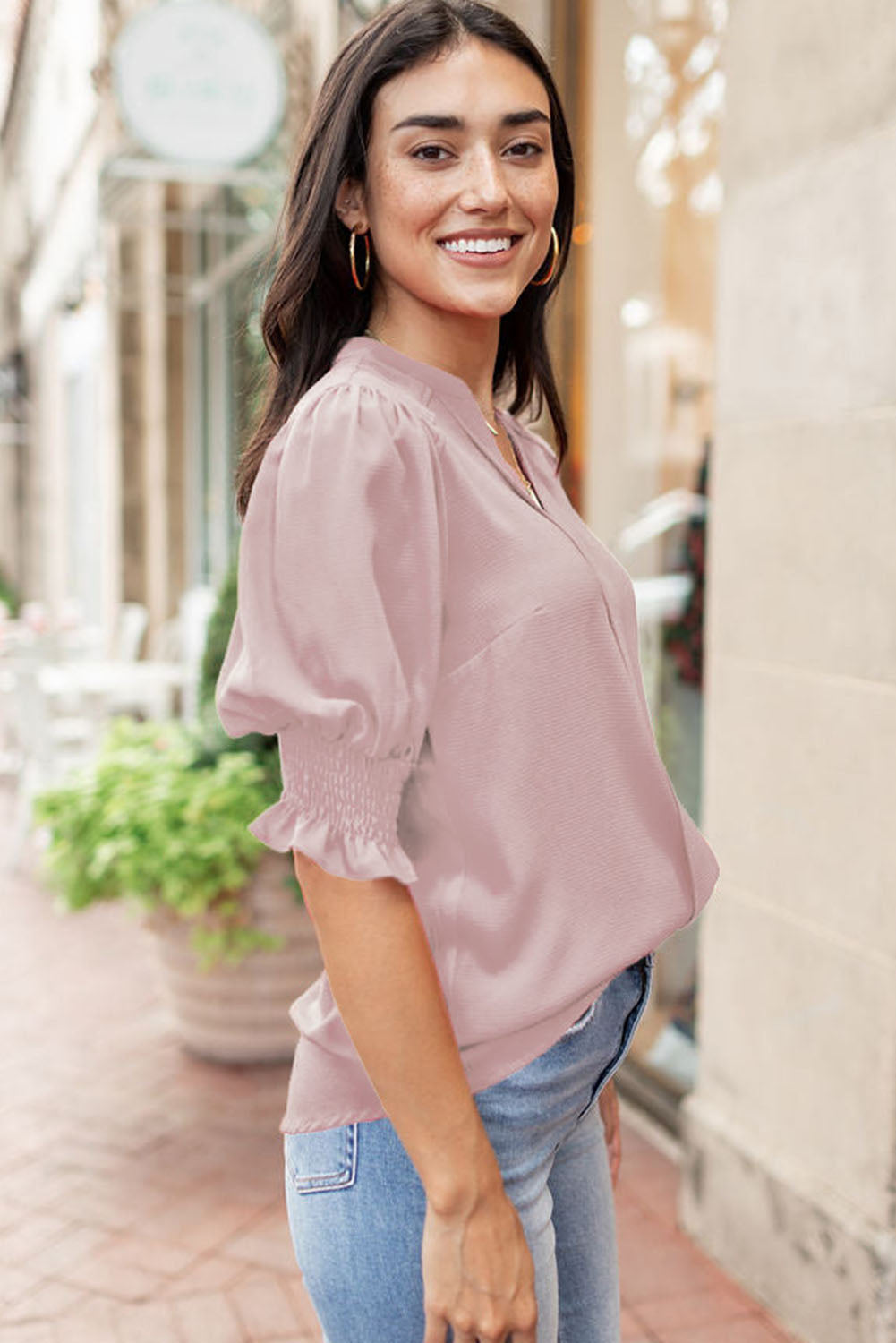 Red Solid Color Half Sleeve V Neck Blouse