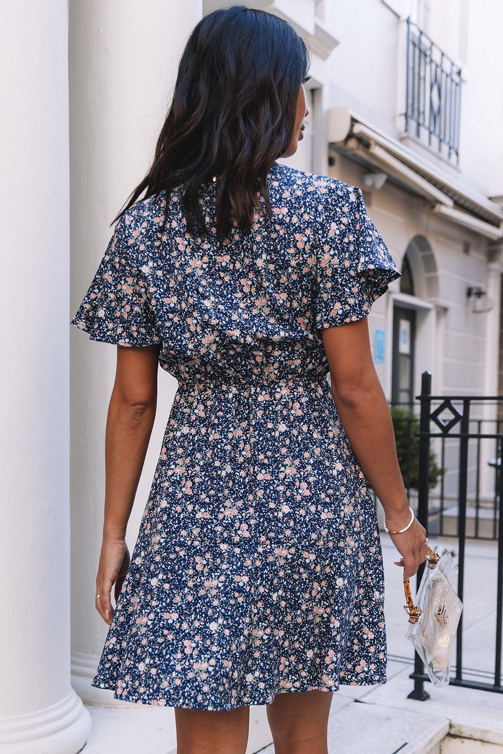 Blue Floral Print Tie Knot Ruffled Short Sleeve Mini Dress