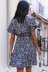 Blue Floral Print Tie Knot Ruffled Short Sleeve Mini Dress