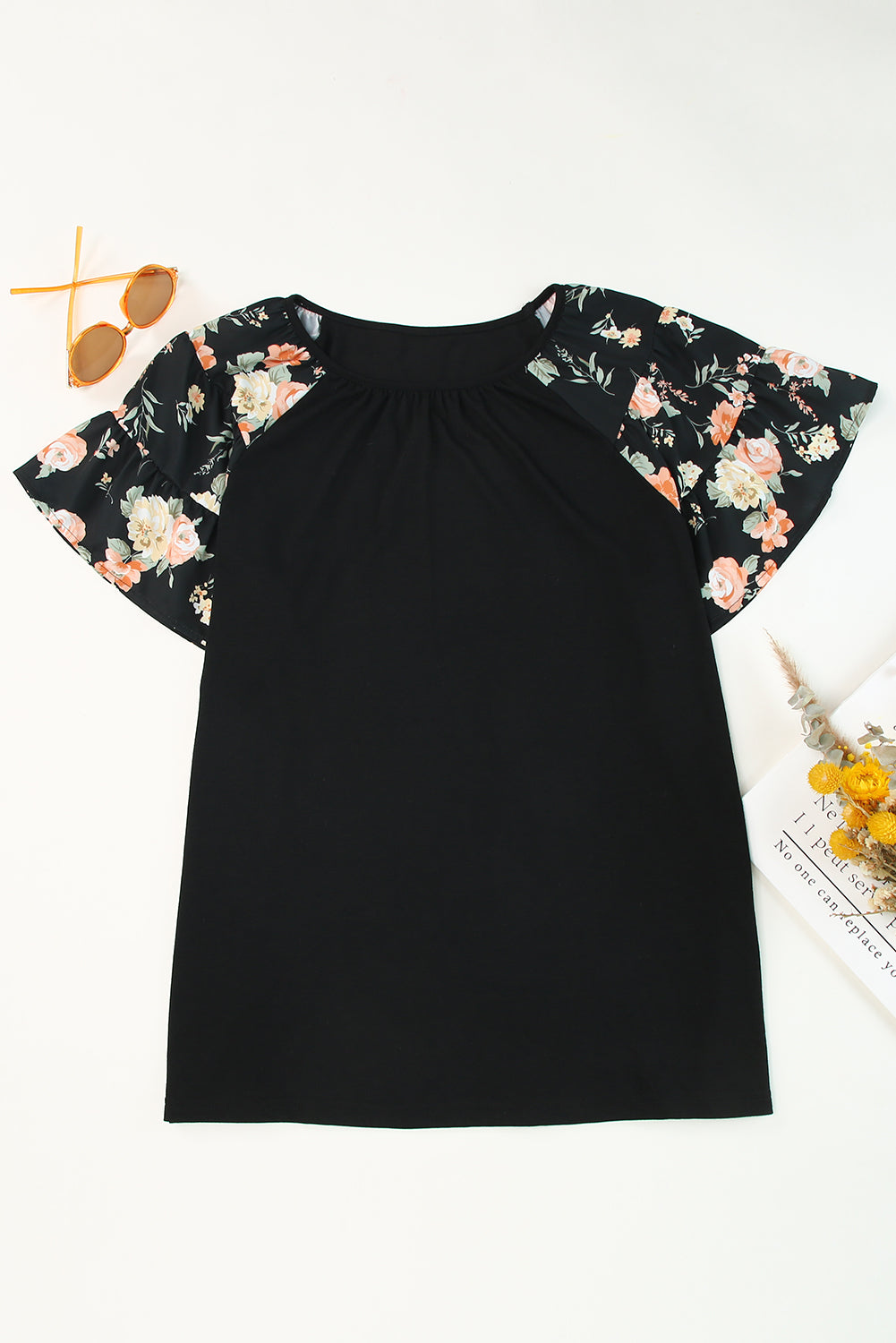 Black Floral Ruffle Sleeve Plus Size Top