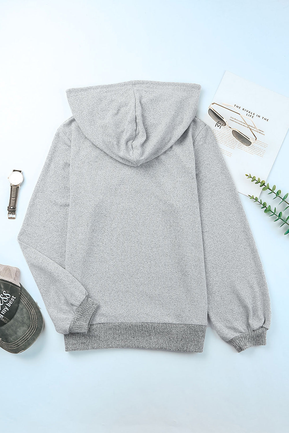 Gray Ribbed Trim Cut-out Bust Drawstring Hoodie