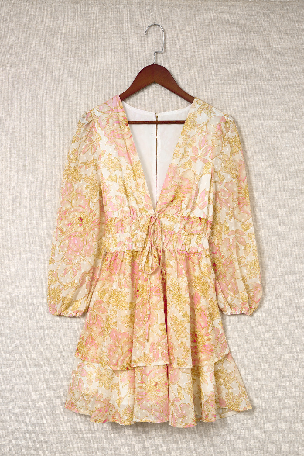 Yellow V Neck Long Sleeve Tiered Floral Dress