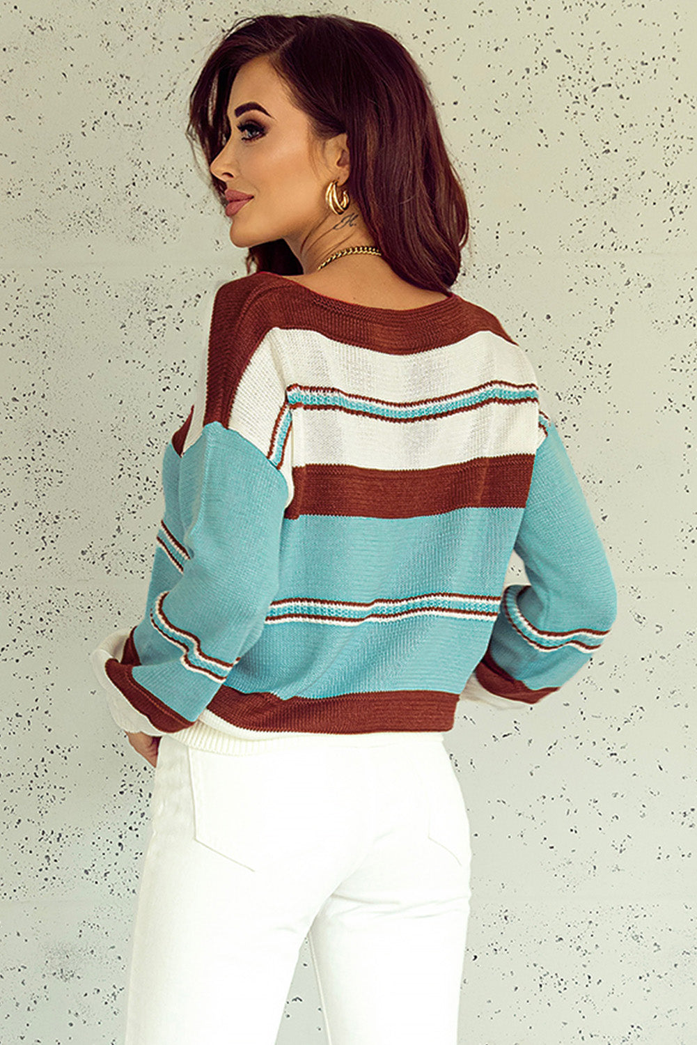 Sky Blue Striped Pattern Knit V Neck Sweater