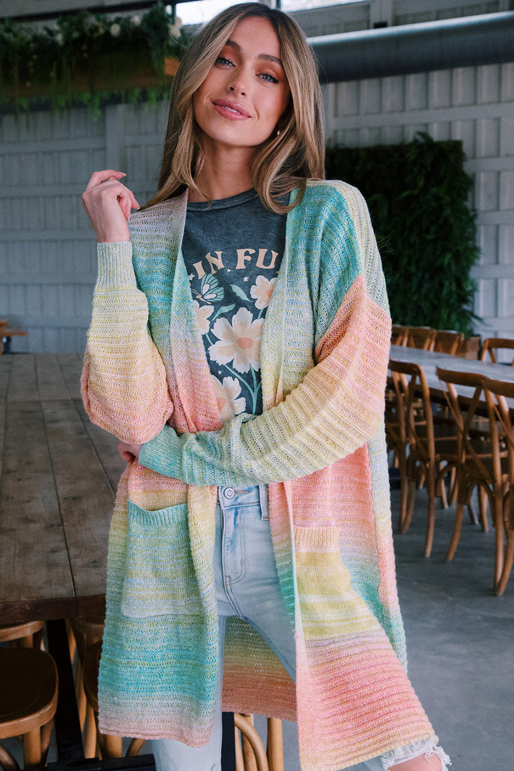 Green  Gradient Knit Open Cardigan with Pockets
