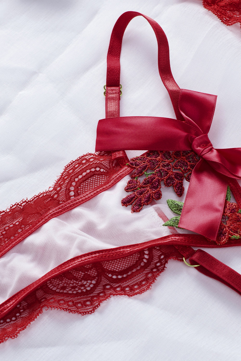 Red Flowers Bow Triangle Bra & Thong  Set