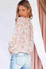 Pink Paisley Print Buttons Bubble Sleeve Blouse