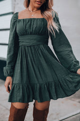 Green Ruched Square Neck Puff Sleeve Mini Dress