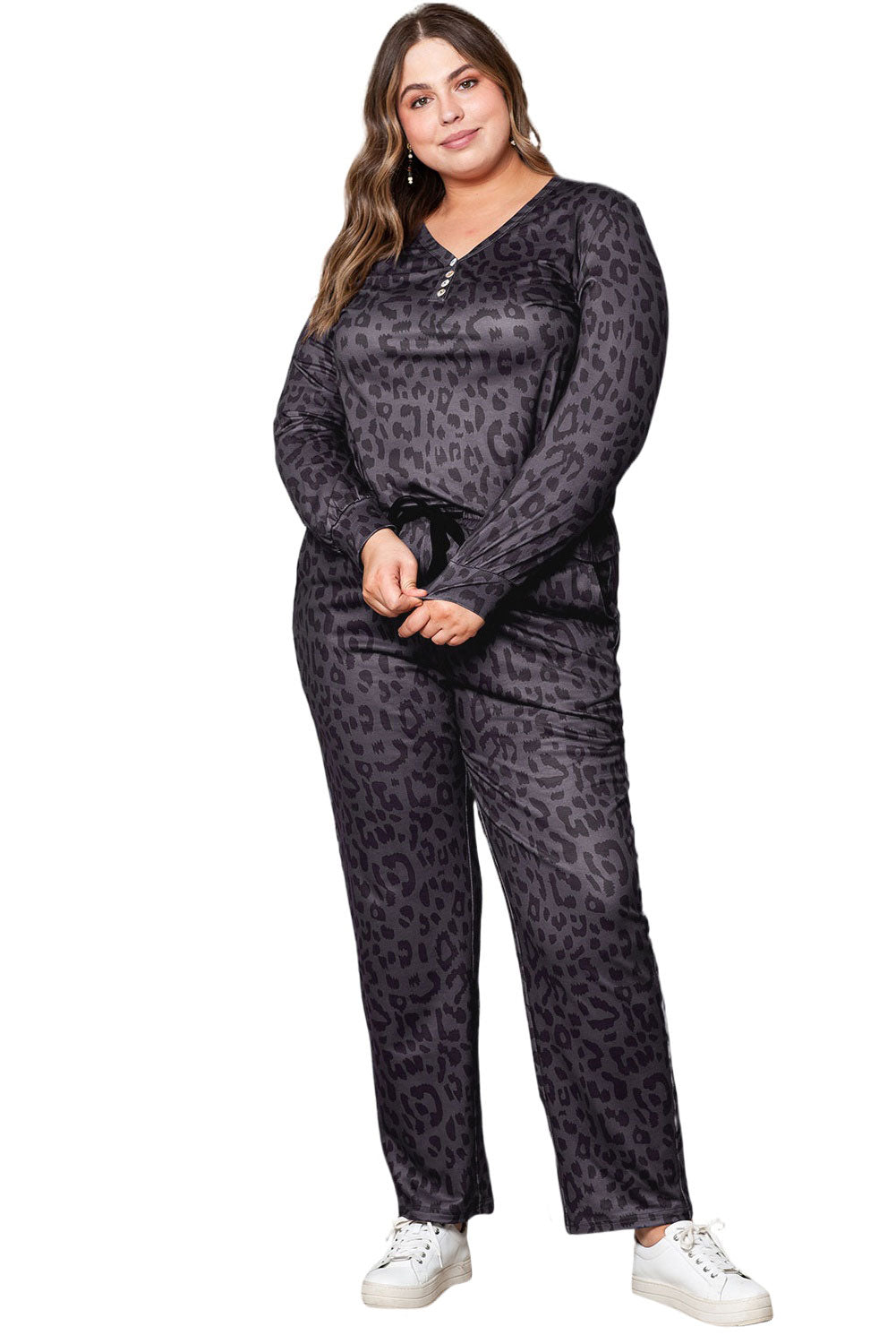 Black Plus Size Leopard Long Sleeve Henley Top Pajamas Set