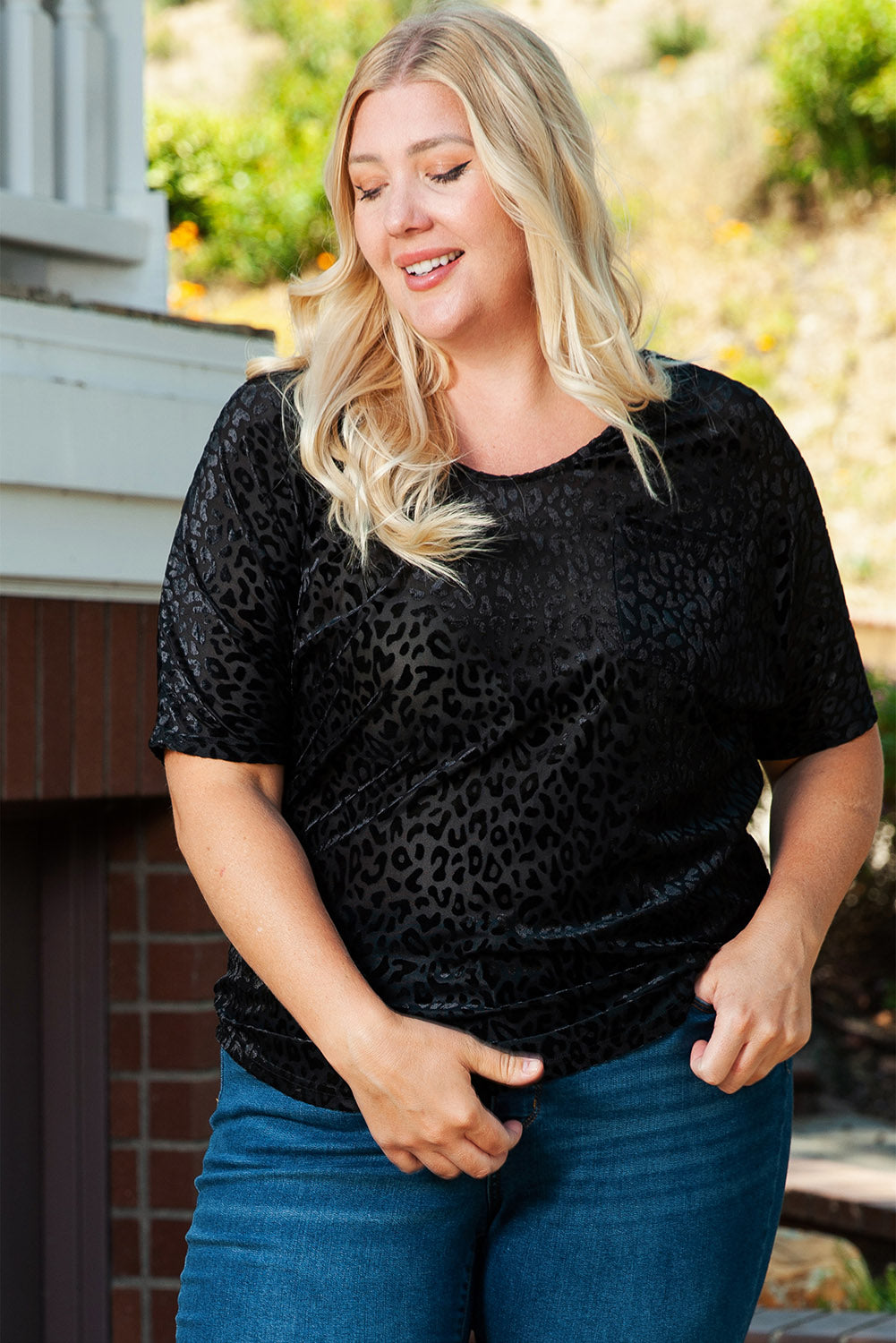 Black Plus Size Leopard Emboss V Neck Top