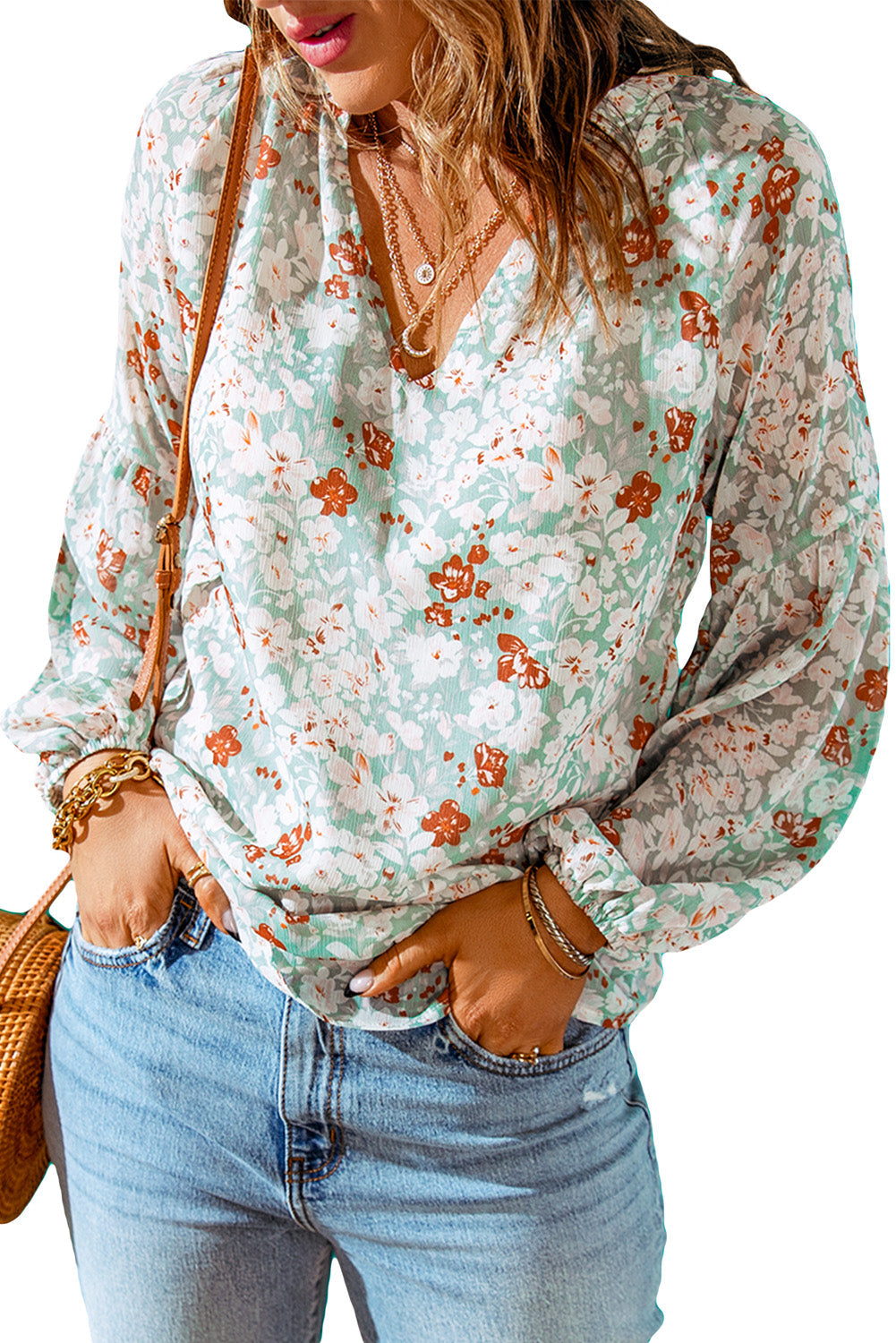 Green Floral Print V Neck Long Puff Sleeve Top