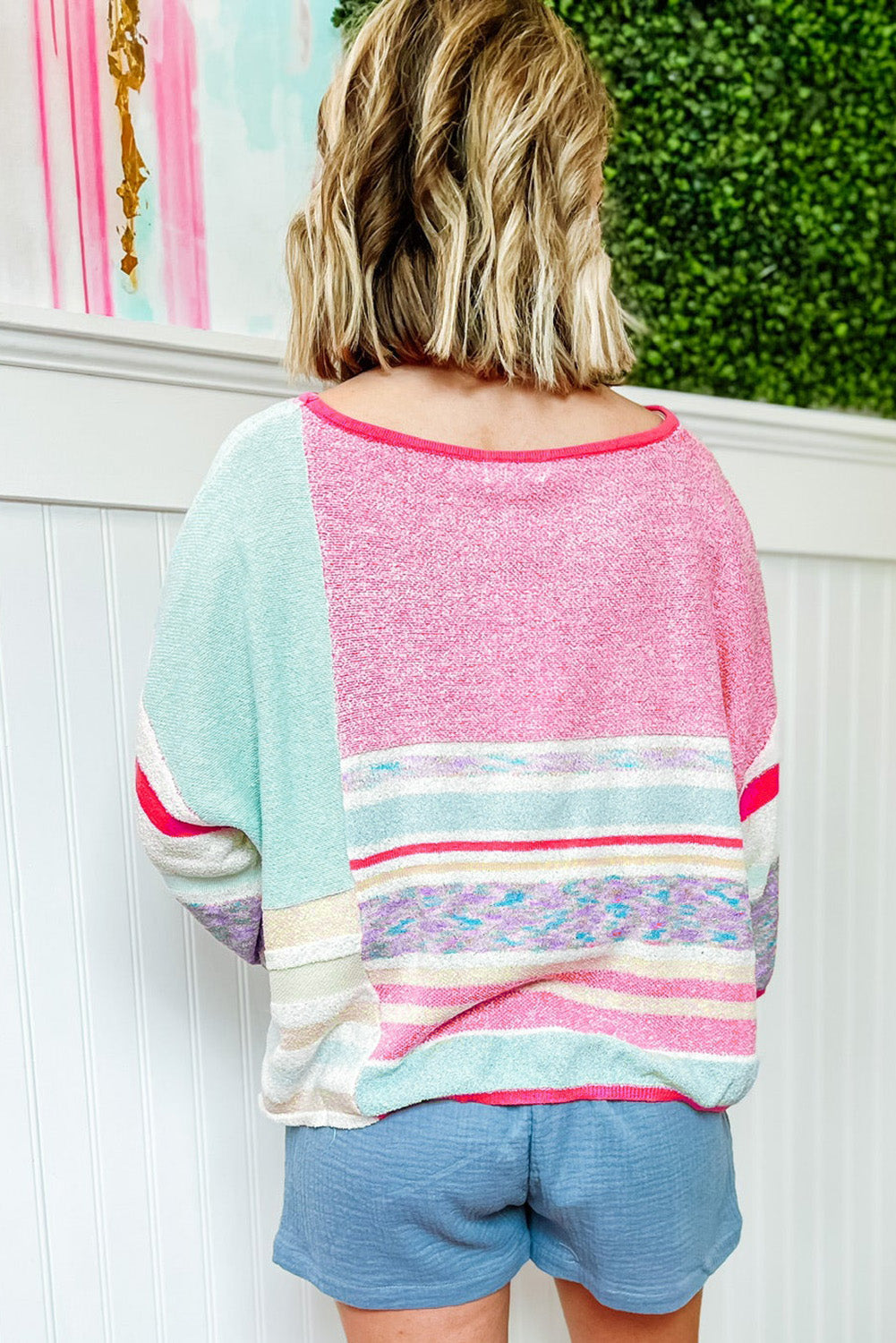 Pink Color Block Striped Three-Quarter Sleeve Knitted Top