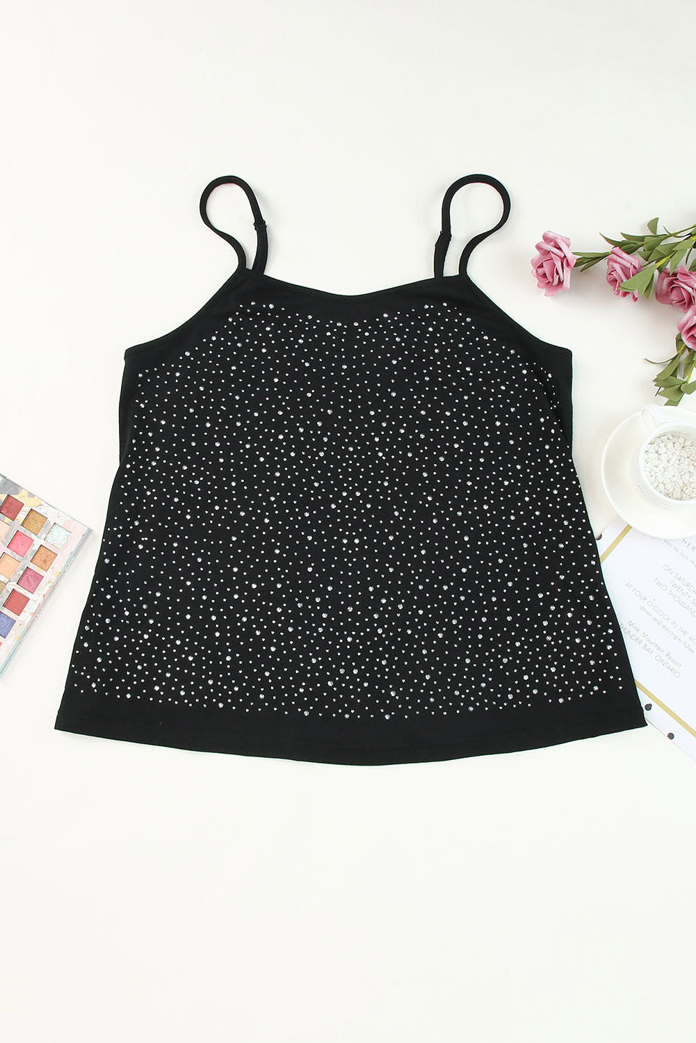 Black Adjustable Straps Rhinestone Tank Top