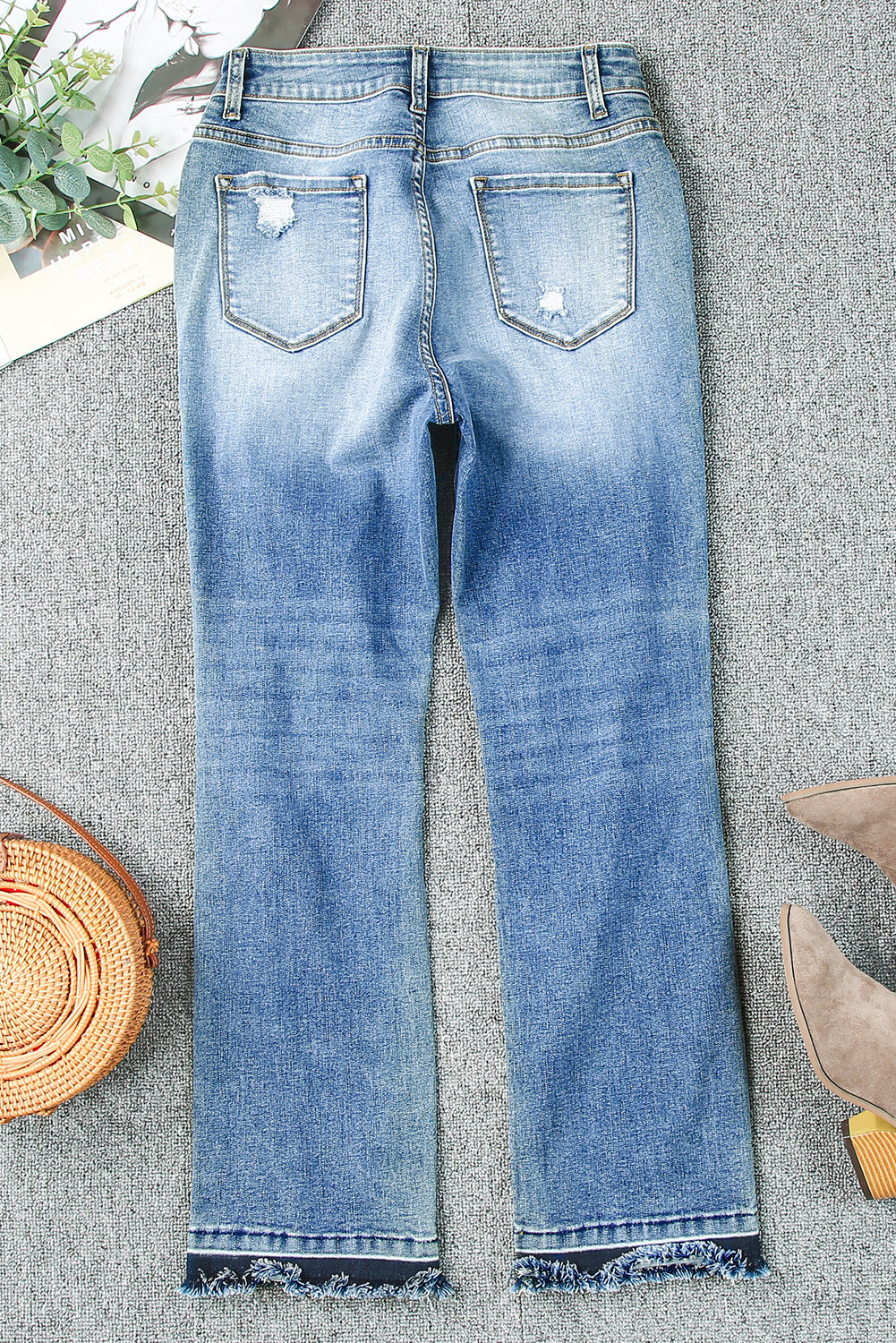 Sky Blue Distressed Holes Hollow-out Boyfriend Jeans