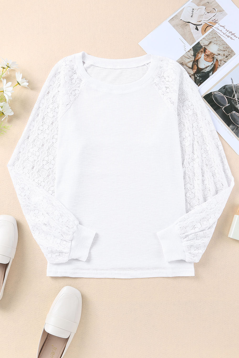 White Lace Sleeve Raglan Ribbed Top