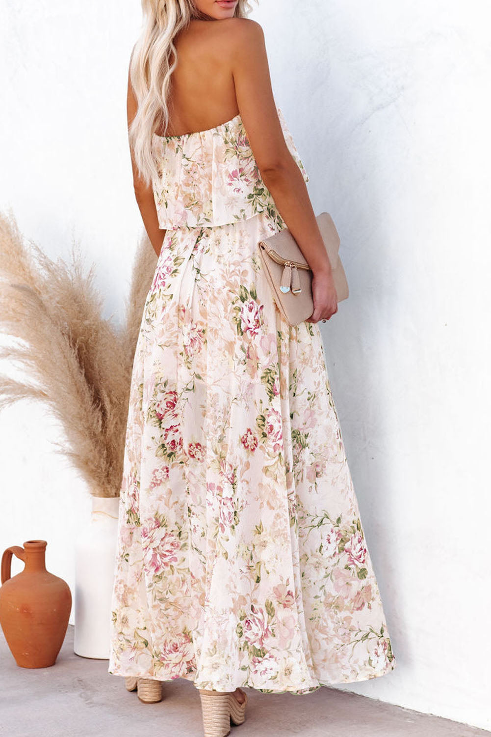 Pink Floral Print Strapless Tube Top Maxi Dress