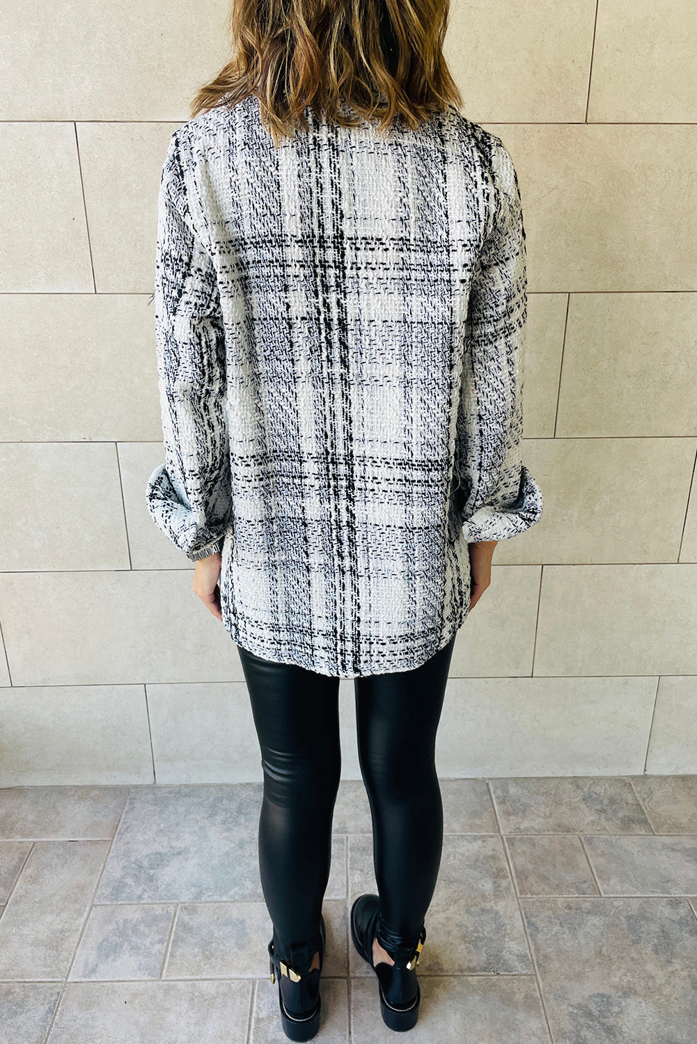 White Plaid Print Pocketed Shirt Jacket