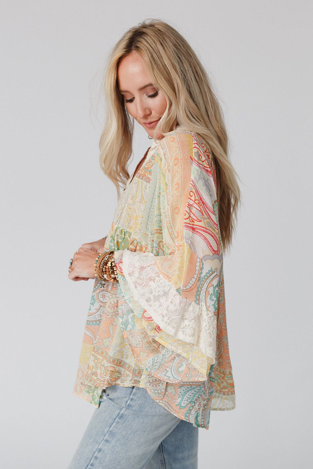 Multicolor Paisley Print Bell Sleeve Lace V-Neck Button Sheer Blouse