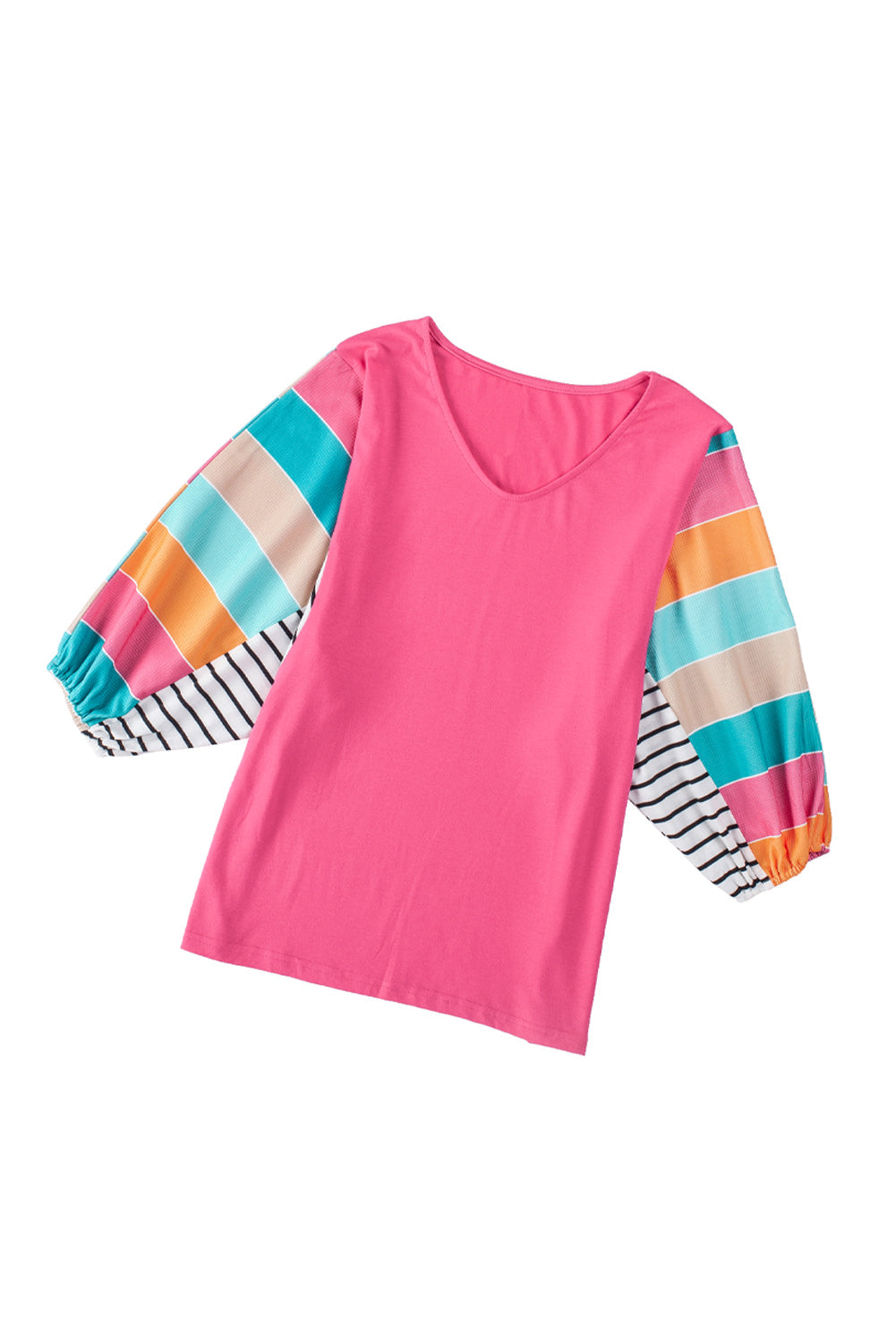 Rose Stripe Color Block Bubble Sleeve Top