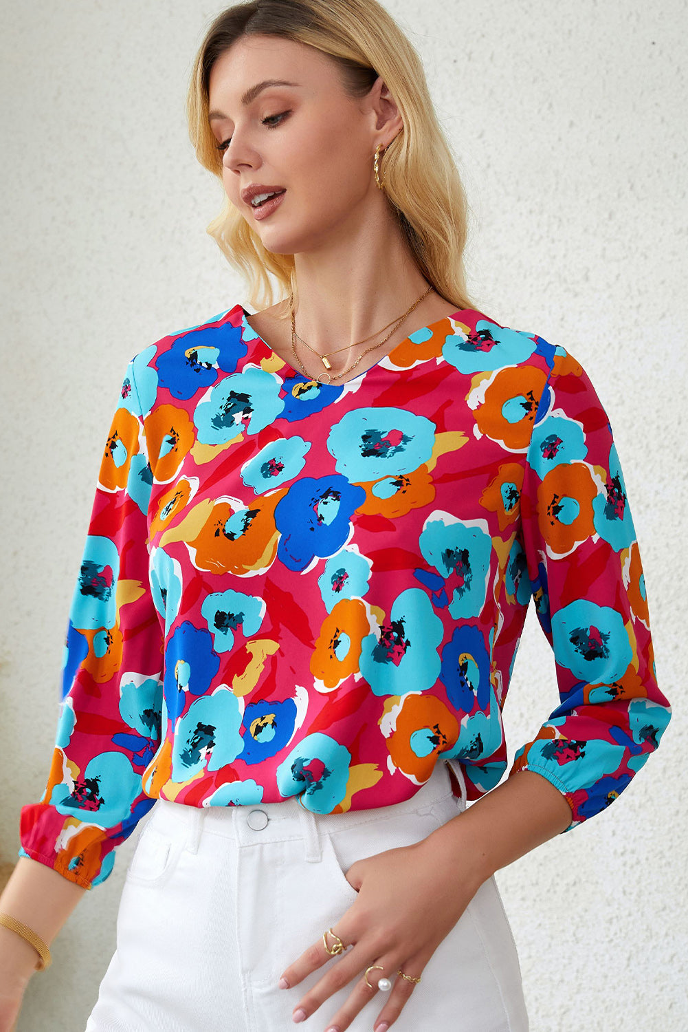 Multicolor Split V Collar Ruffle Sleeve Floral Shift Dress