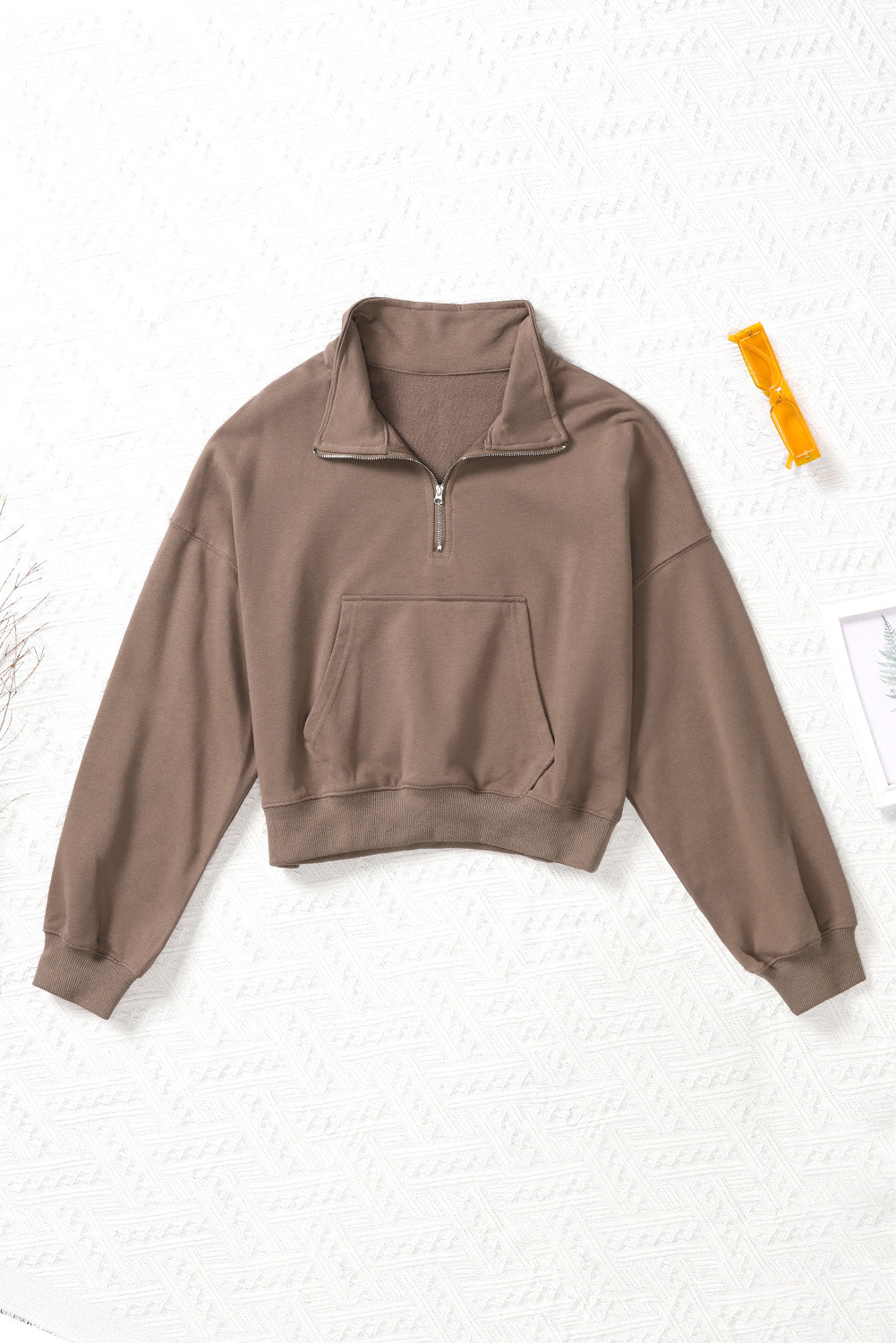 Brown Zipped Turn Down Collar Cropped Sweatshirt with Pocket