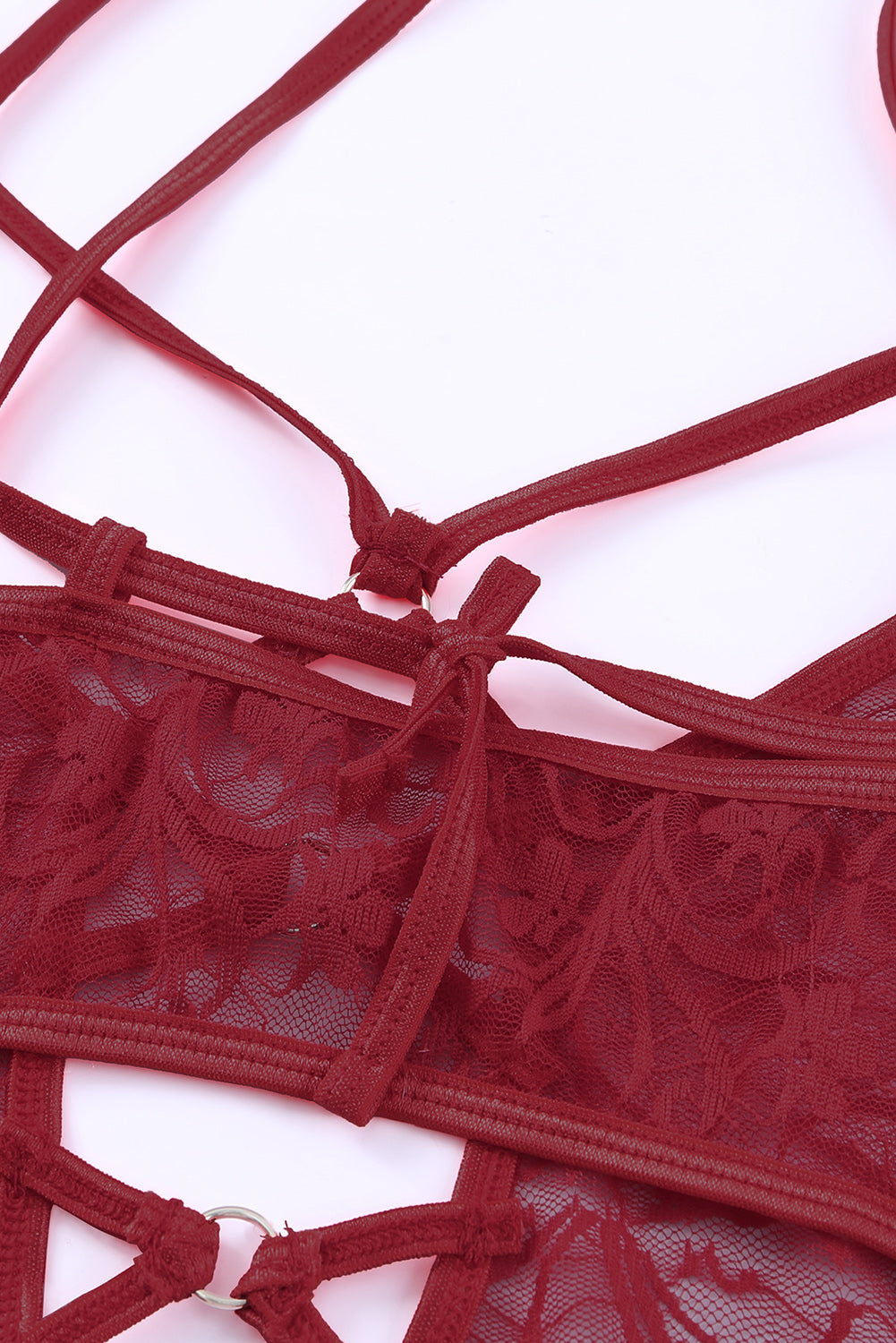 Red Plus Size Strappy Grommet Detail Sheer Mesh Teddy Lingerie