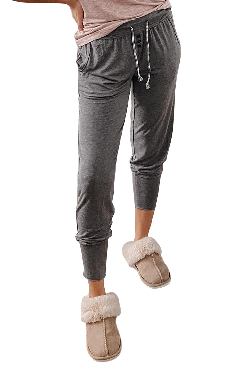 Gray Buttoned Drawstring High Waist Jogger Pants