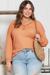 Orange Buttoned V Neck Waffle Knit Plus Size Top