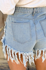 Sky Blue Sequin Pannel Frayed Tassel Hem Denim Shorts