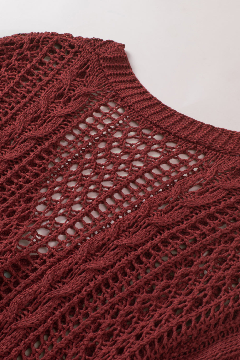 Wine Red Drop Sleeve Crochet Knit Cardigan