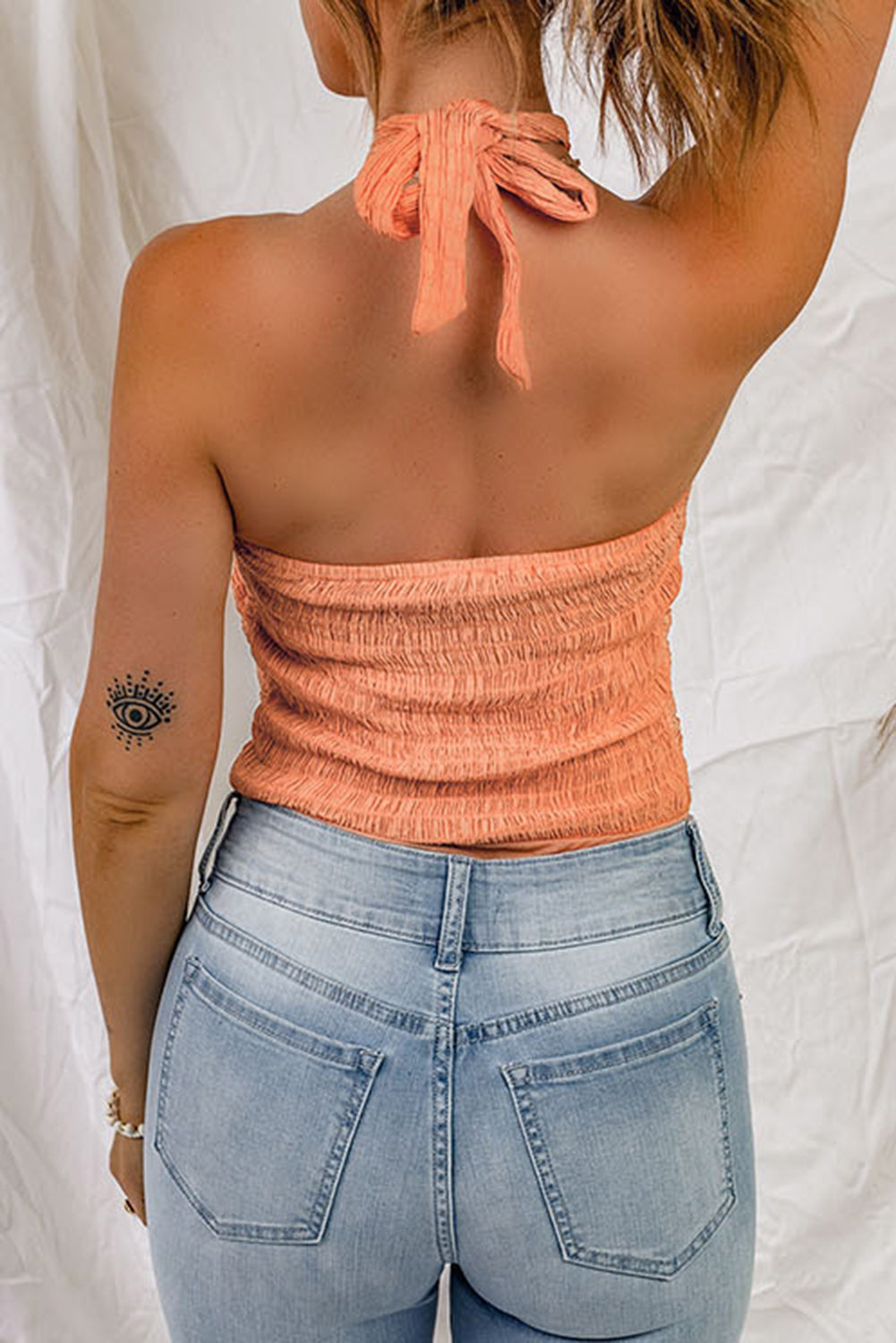 Orange Shirred Open Back Halter Tank Top