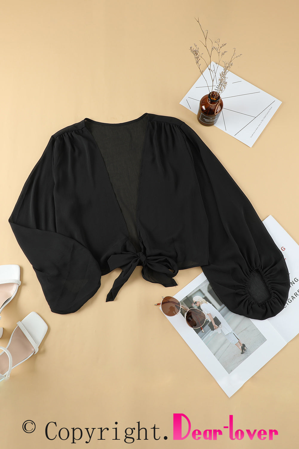 Black Plus Size Balloon Sleeve Wrap Top