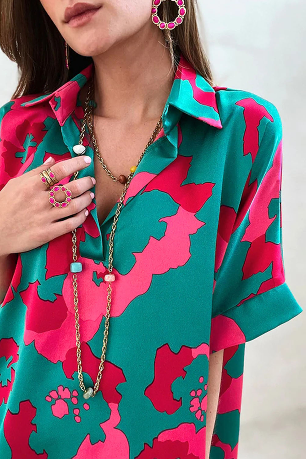 Green Abstract Print V Neck Blouse