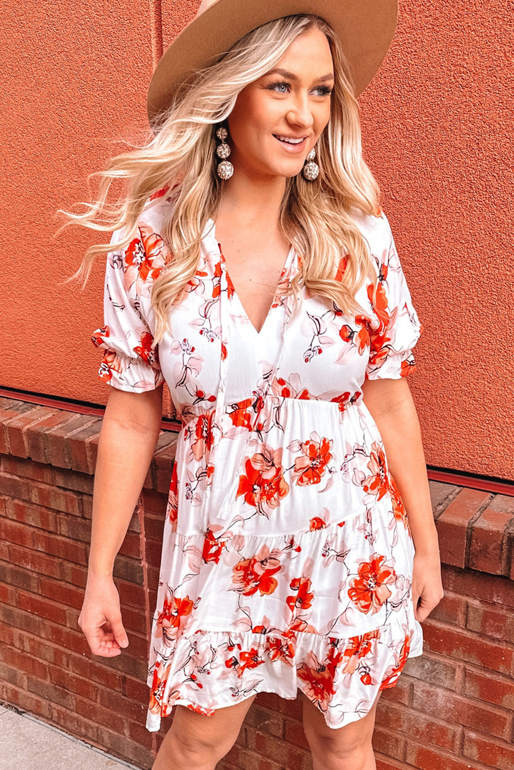 Beige Blooming Floral Tassel Tie Babydoll Dress