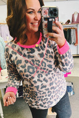Leopard Contrast Trim Cross-Seam Plus Size Long Sleeve Top
