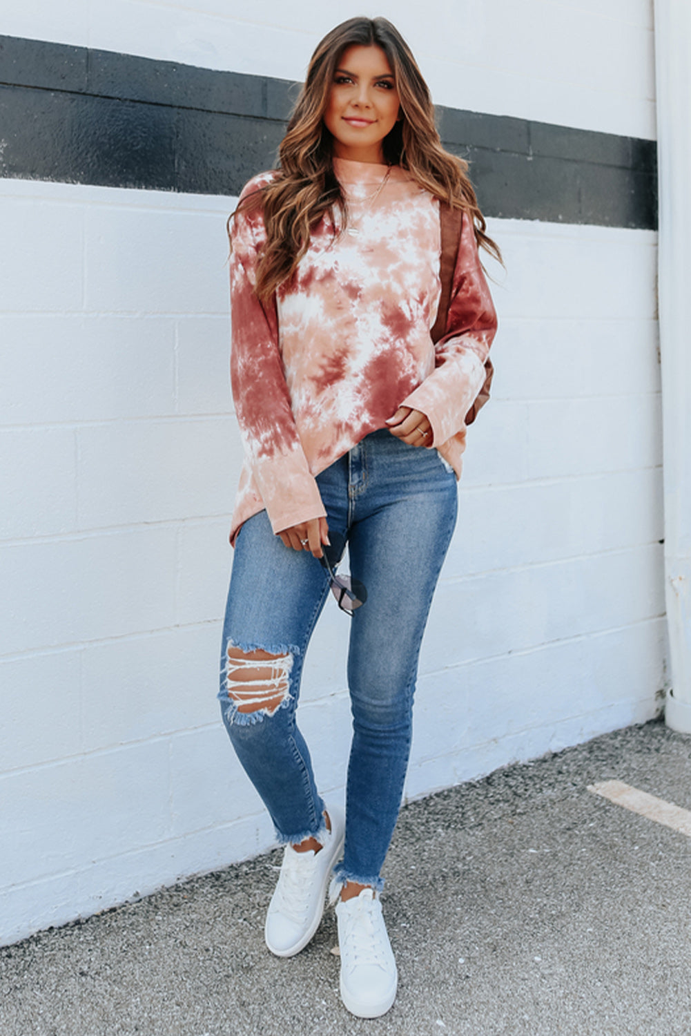 Red Tie Dye Crew Neck Long Sleeve Top