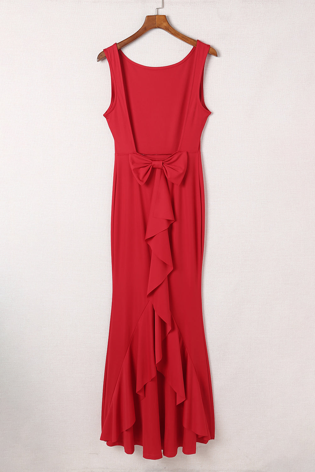 Red Bow Knot Ruffled Backless Sleeveless Gown