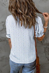 Sky Blue Floral Smocked Puff Sleeve Blouse