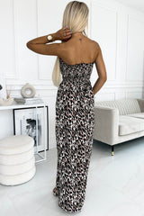 Leopard Smocked Bodice Strapless Maxi Dress