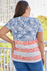 Sky Blue Plus Size Vintage American Flag Print V Neck T Shirt