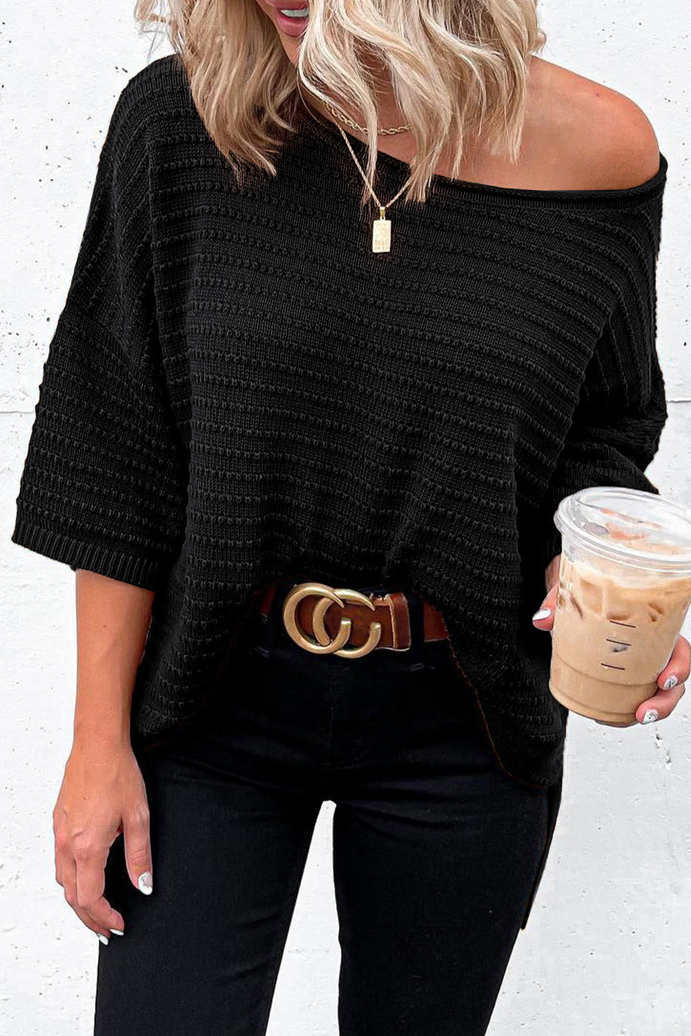 Apricot Textured Knit Drop Shoulder Tee