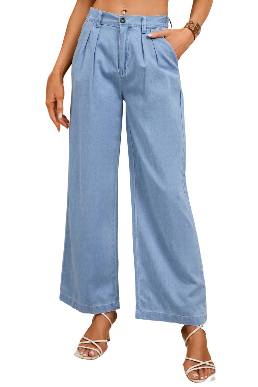 Sky Blue High Waist Pleated Wide Leg Jeans