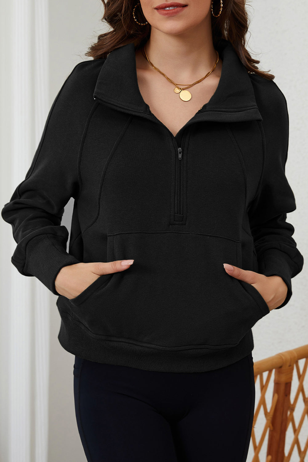 Green Zip Up Stand Collar Ribbed Thumbhole Sleeve Sweatshirt